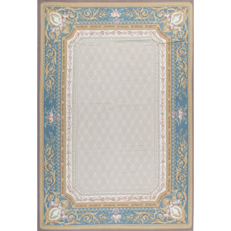 Hand-Knotted High-Quality Beige and Teal Area Rug