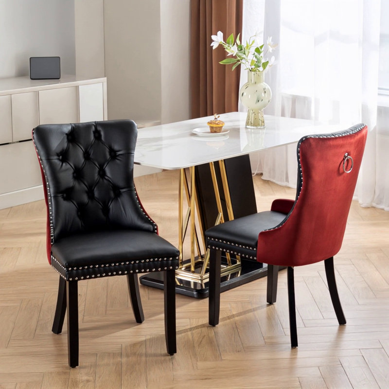 High-End Tufted Solid Wood Contemporary PU And Velvet Upholstered Dining Chair With Wood Legs Nailhead Trim  2-Pcs Set