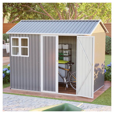 8'x6' Heavy Duty Steel Storage Shed with Window & Lockable Doors, Sloped Roof Outdoor Metal Tool Shed for Garden, Backyard, Patio - Dark Grey