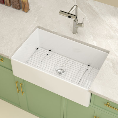 Évier de cuisine à simple cuve en céramique 33 po x l 20 po avec crépine et grille d'évier