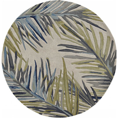 5' Ivory Blue And Green Wool Tropical Botanical Hand Tufted Round Rug