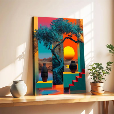 Paysage désertique surréaliste avec vases en forme d'arbre et coucher de soleil, art abstrait, grande toile tendue sur châssis pour salon ou chambre