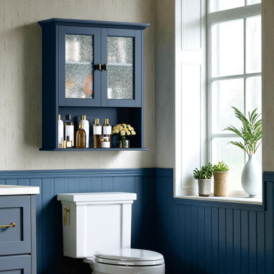 Armoire de rangement murale pour salle de bain, armoire de rangement au-dessus de la toilette avec porte en verre trempé