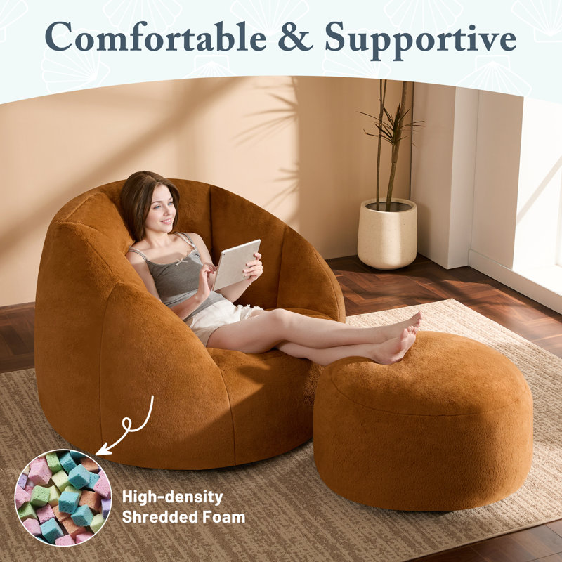 Compression Bean Bag Chair - with Ottoman, High Density Support Structure., Orange