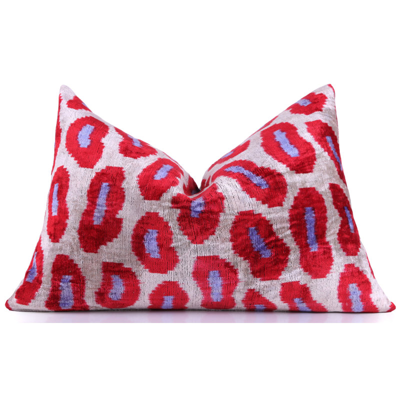 Coussin en velours fait à la main - motif ovale rouge, 16 x 24 po