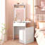 Petit meuble-lavabo avec miroir et lumière, coiffeuse avec station de charge et panneau rabattable pour petit espace, ensemble de coiffeuse compacte avec tabouret caché pour la chambre à coucher, blanc