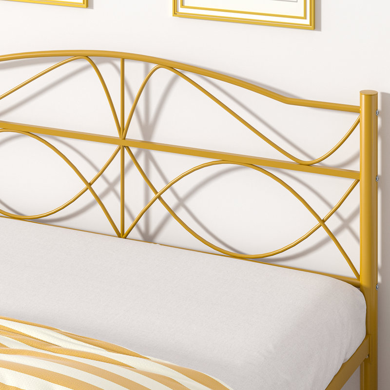 Metal Bed Frame with Headboard Heavy Duty Strong Steel Slat Support Platform Queen Size Bed No Box Spring Needed, Easy Assembly, Gold