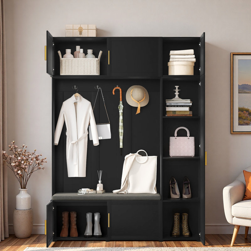 4-in-1 Hall Tree With Padded Bench, 4 Hooks And Multi-tier Storage Shelves, Black