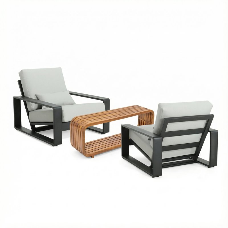 Modern Coastal Aluminum Outdoor Lounge Chair Set With Cushions And Acacia Wood Coffee Table