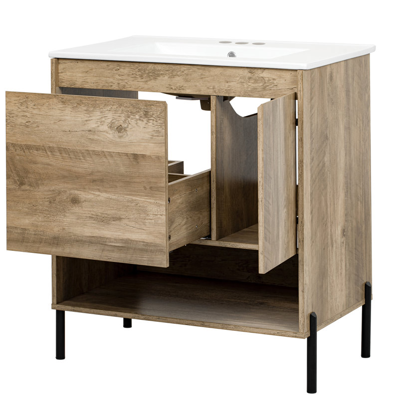 Armoire de rangement pour salle de bain avec lavabo en céramique de 30 po, système d'organisation à tiroirs, porte, tablette ouverte, structure en bois, pieds en métal, cloisons de tiroir faciles à nettoyer, armoire, lavabo massif
