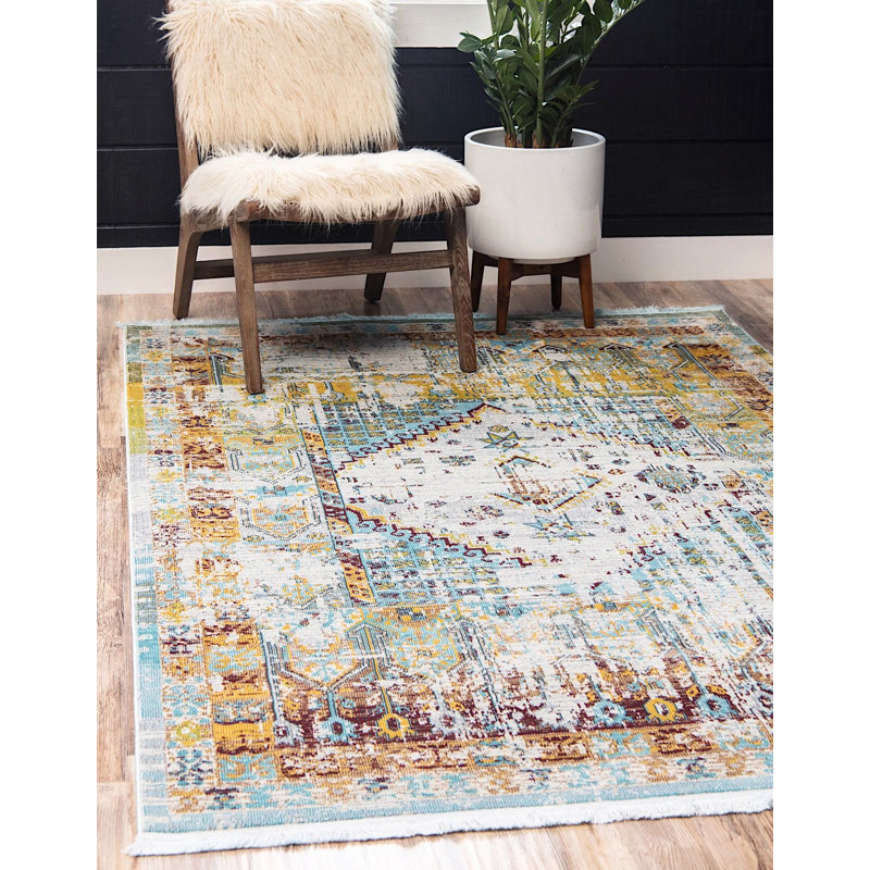 Bleu oriental/crème Tapis décoratif, Rectangle 4 pi 3 po x 6 pi