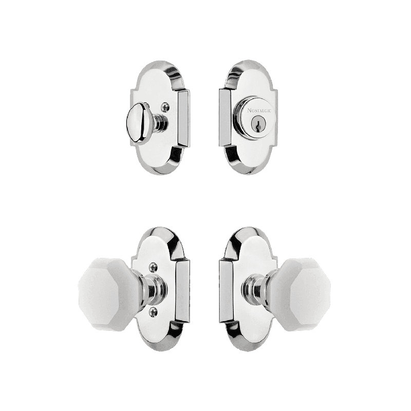 Nostalgic Warehouse Cottage Entry Set with White Waldorf Crystal Knob, 2.375, Bright Chrome