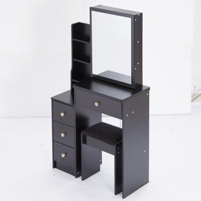 29.2" Small Space Left Bedside Cabinet Vanity Table + Cushioned Stool, Extra Large Right Sliding Mirror, Multi Layer High Capacity Storage, Practical Fashionable Dresser