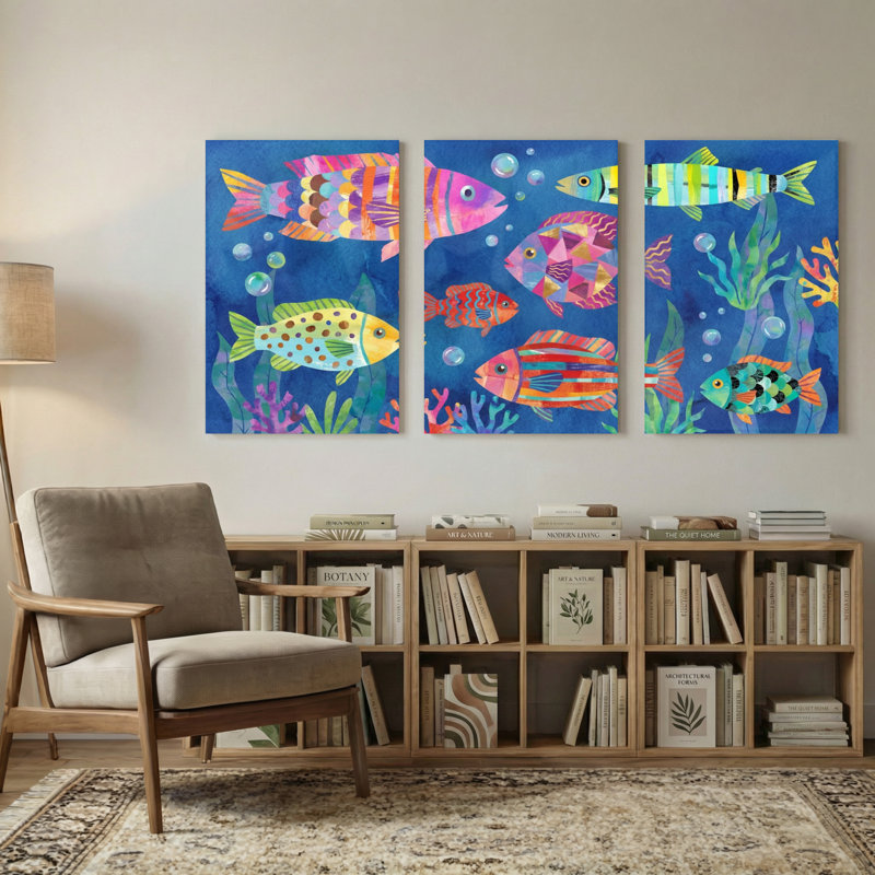 Animals Colorful Fish Underwater Coral Scene Set of 3 Canvas Wall Art Prints, 18" H x 36" W