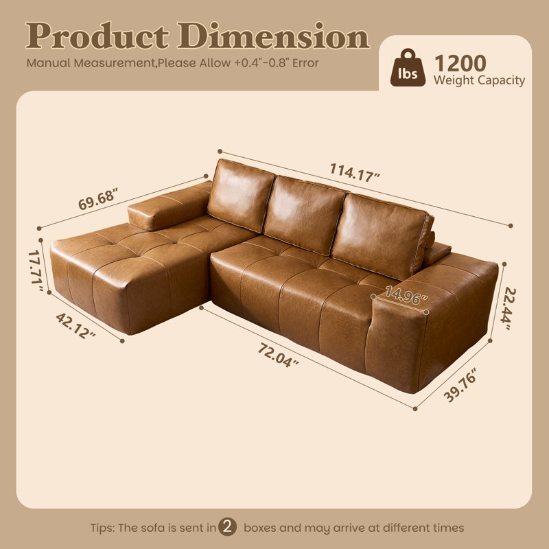 114'' Modern Faux Leather Sectional Sofa With L-Shaped Chaise, Deep Seat Modular Couch For Living Room Or Bedroom, Upholstered Sofa, No Assembly Needed