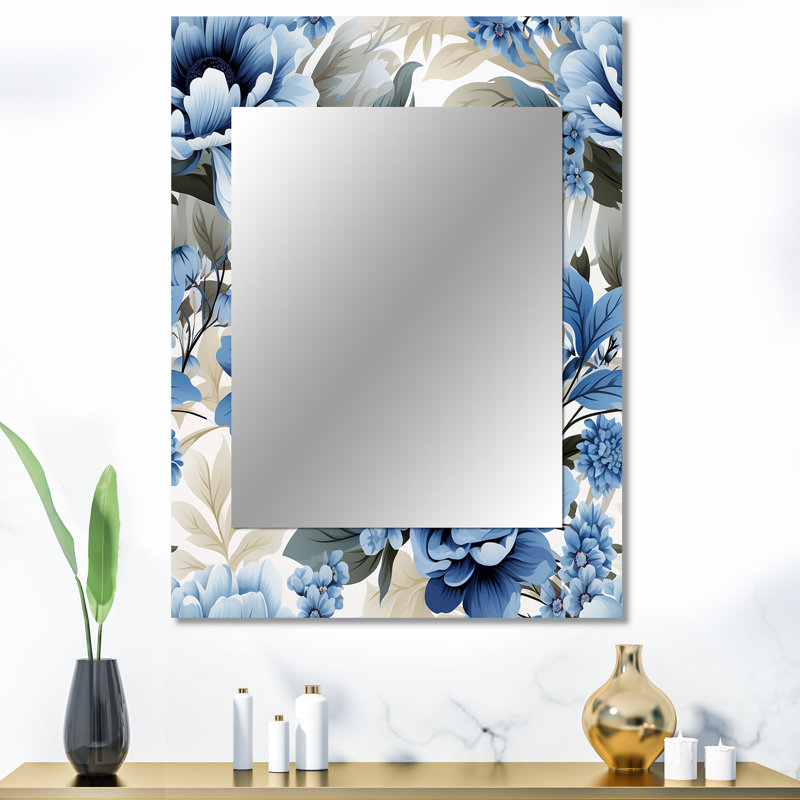 Motif victorien floral bleu et blanc Sridha - grand miroir floral, miroir mural décoratif, art imprimé, 40 po x 30 po