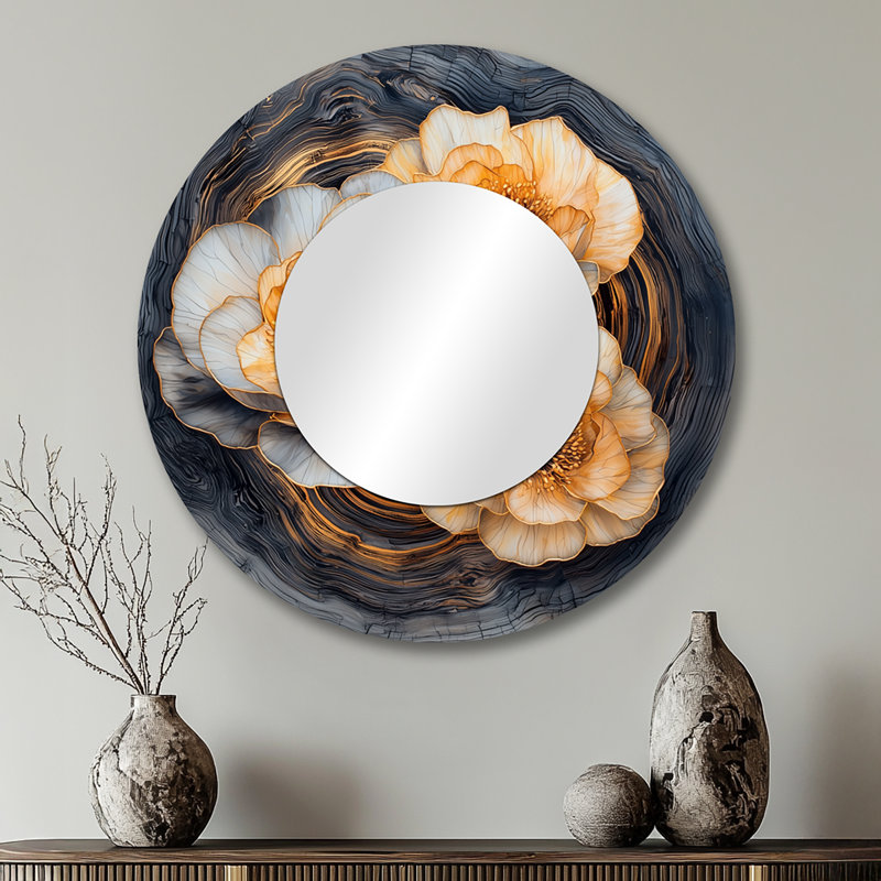 Automne mamans fleurs sur onyx cristal rivière I - Art mural miroir floral décoratif - imprimé sur métal, 29 po x 29 po