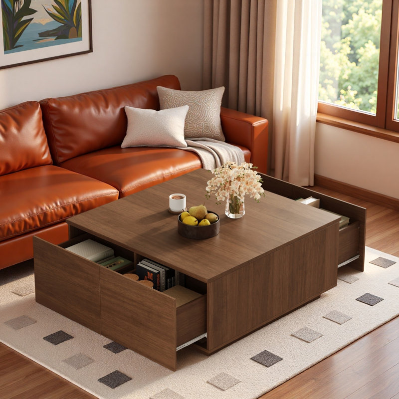Table basse moderne carrée avec 4 tiroirs, Noyer
