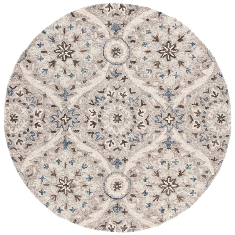 Hand Tufted Wool/Cotton Damask Rug in Gray/Beige, Square 5'