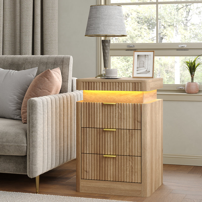 Fluted Night Stand With Charging Station & LED Light, 3-Drawer Bedside Table For Bedroom & Living Room, Modern Sofa Side Table With Sliding Top & Outlets/USB