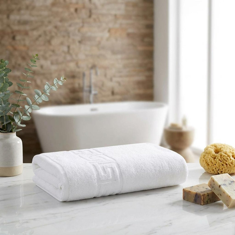 Ensemble de deux draps de bain blancs en coton turc à motif grec, 101,6 cm x 152,4 cm