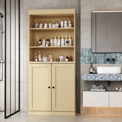 Armoire de rangement 100% bois massif avec portes Shaker inférieures, 2 tiroirs et tablettes réglables, l 32 po x H 71,5 po