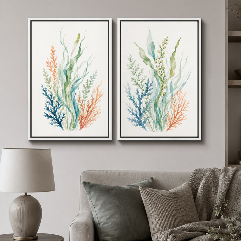 Seaweed Coral Botanical Art, Bathings, H 24 po x l 32 po x P 1,5 po, White Frame
