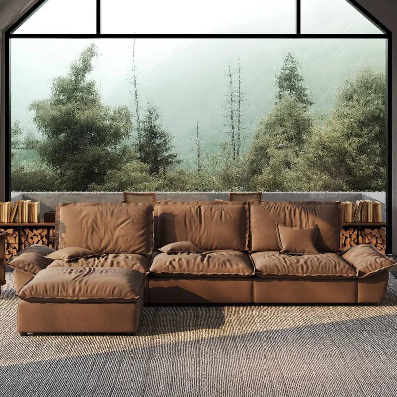 Fernando 141.73" Sailboat Deep Sofa Stain Resistant Cozy Couch With Ottoman, L-Shaped 4 Seater Sofa For Living Room, Brown