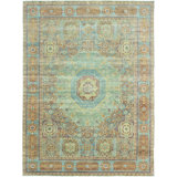 Hand Knotted Wool Area Rug in Green And Light Blue