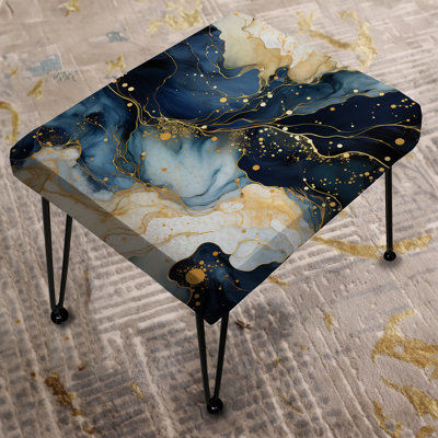 Celestial Gold And Blue Marble Pattern - Marble Rectangle Ottoman