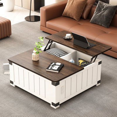 Table basse carrée blanche avec plateau relevable et espace de rangement supplémentaire