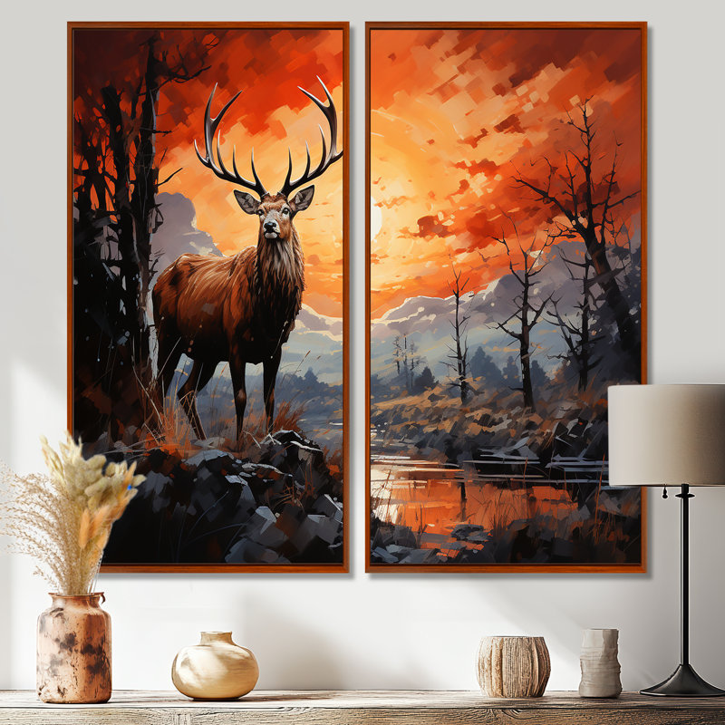 Silhouette de cerf audacieux - ensemble d'art mural moderne de 2, 20" H x 24" W, Impression encadrée flottante, Brown