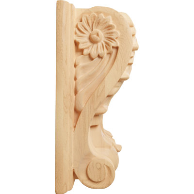 5"W x 3"D x 6 1/2"H Large Acanthus Block w/ Backplate Wood Corbel, Red Oak
