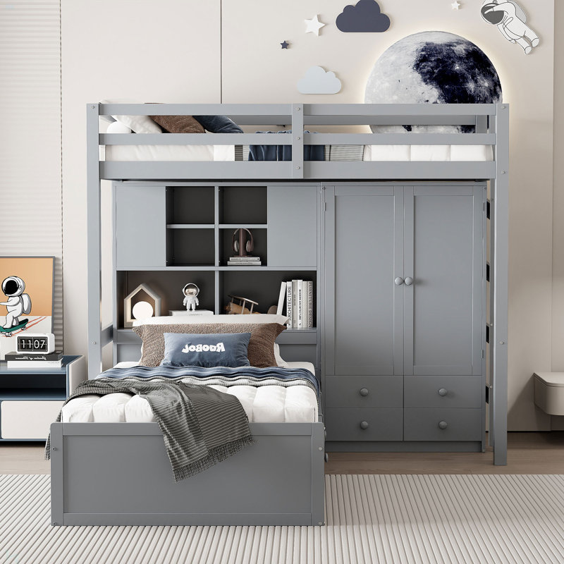 Lit superposé avec tiroirs, garde-robe, tablettes de rangement et lit hydraulique, gris