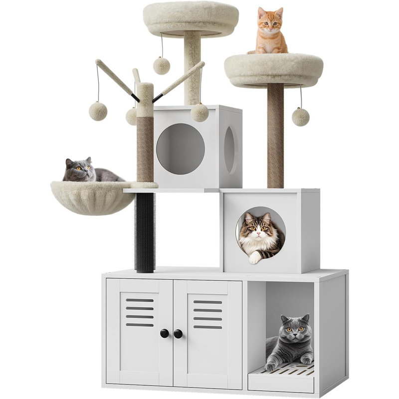 Cat Tree with Litter Box Enclosure, 2-In-1 Modern Cat Tower