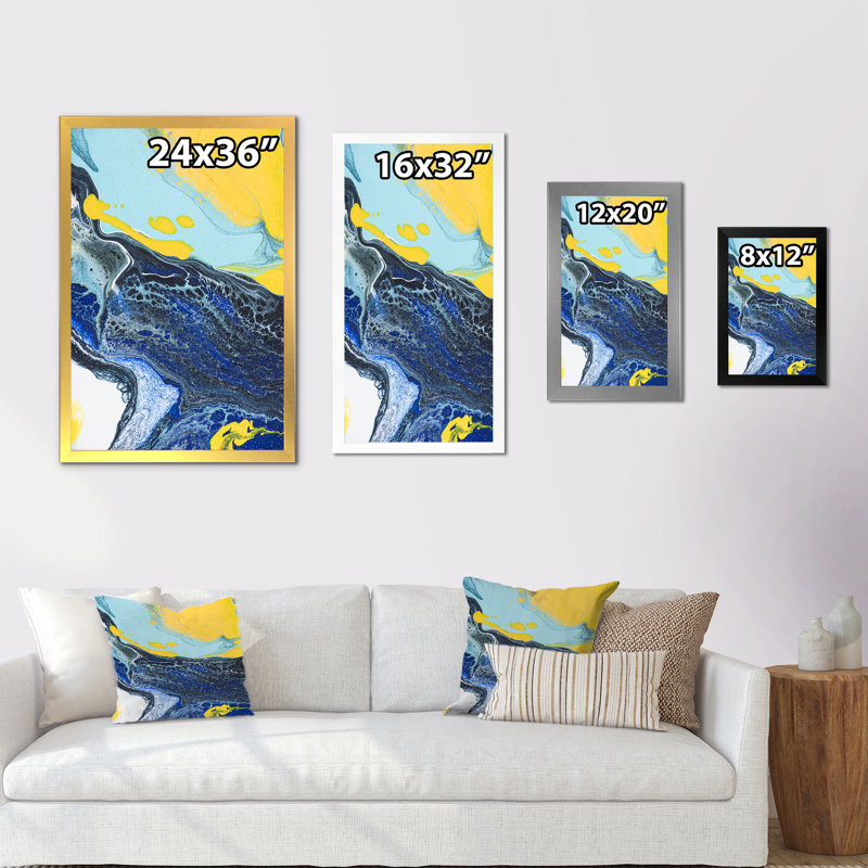 Art sur toile bleu foncé et jaune foncé - art mural moderne et contemporain sur toile, Impression noire sur toile encadrée
