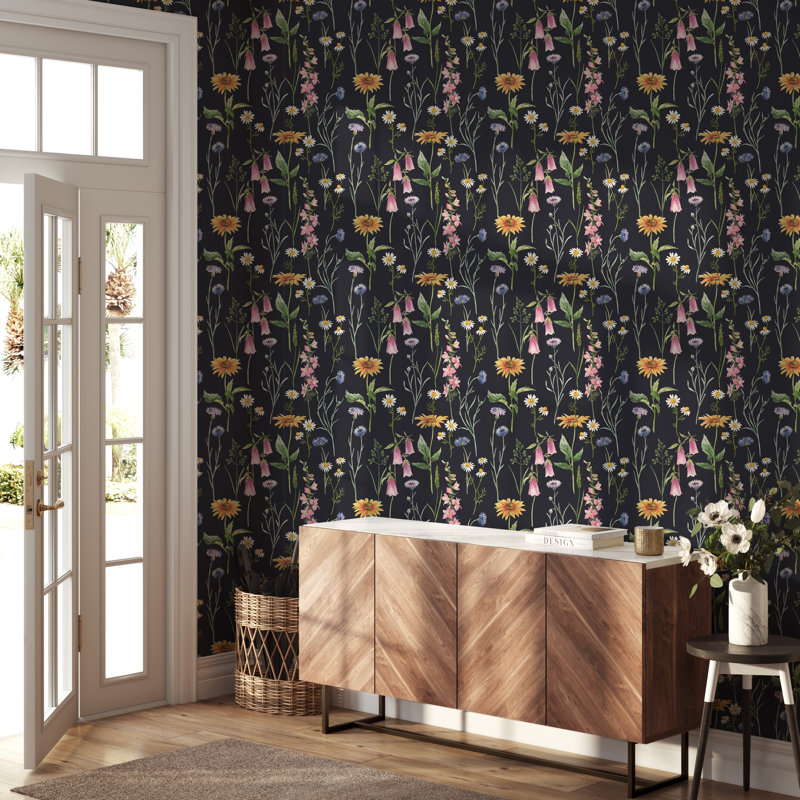 Wildflowers on Dark Background Removable Wallpaper, 24"W x 120"L