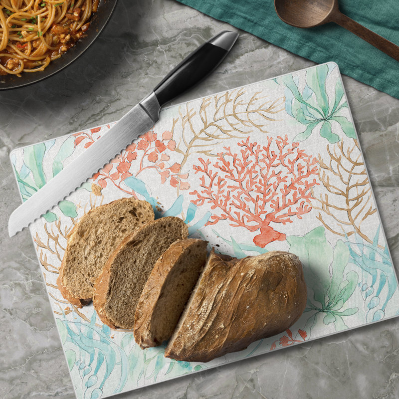 Seaside Coral and Aqua Tempered Glass Cutting Board 10" x 8"