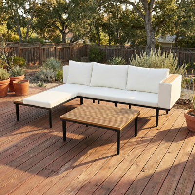 Ensemble de mobilier de patio, comprenant des coussins amovibles et une table basse; Canapé en forme de L en bois de sauterelle avec table d'appoint; Parfait pour la cour ou le porche