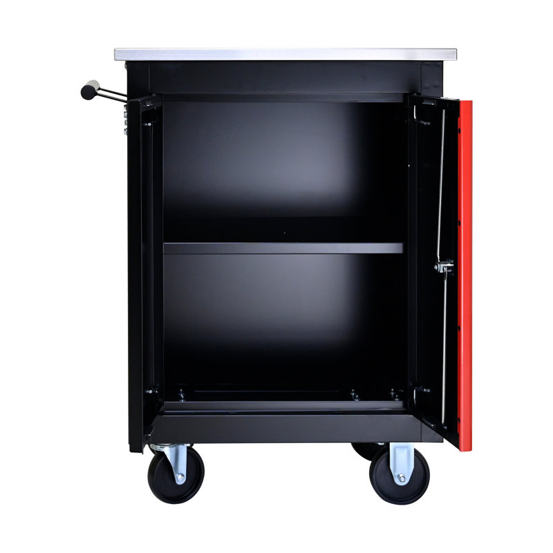 Armoire noire et rouge avec rangement supplémentaire - dessus en acier inoxydable pour outils