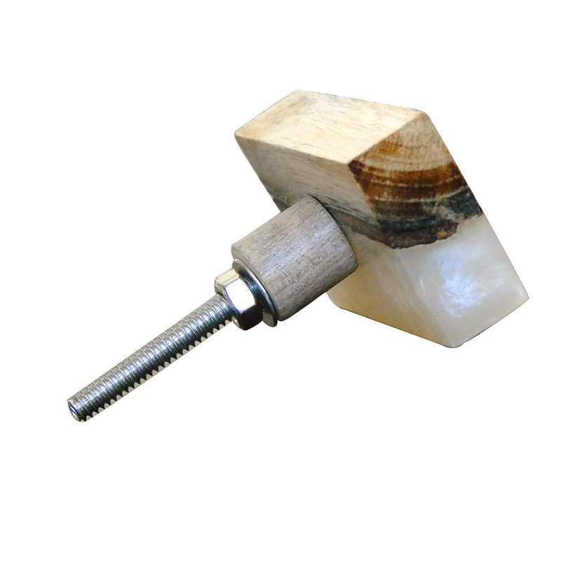 Set of 6 Tan and Dark Brown Wood Rectangular Knobs with Marble