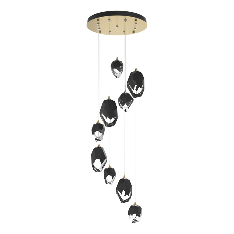 Chrysalis 9 - Light Cluster Geometric Pendant, Black Polished Crystal, Modern Brass, 15" - 80"
