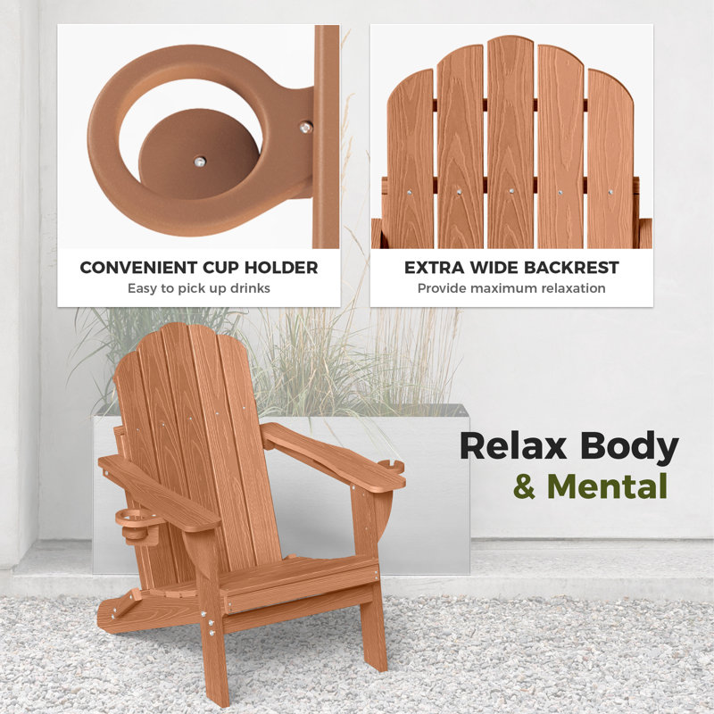 HDPE Adirondack Foldable Chair Wood Texture With Cup Holder(Set Of 6), Teak