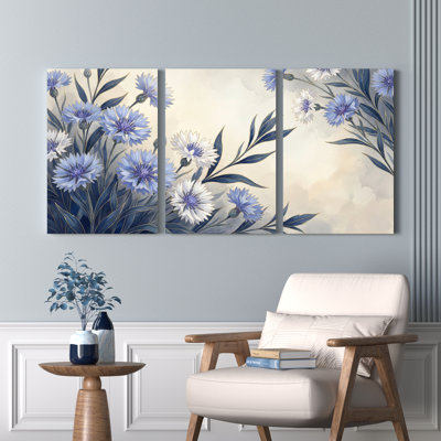 Ensemble de 3 reproductions d'art sur toile tendue sur toile à motif floral bleu et blanc pour salon