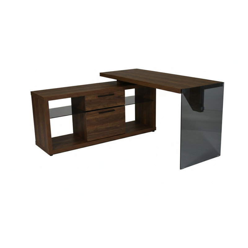 Watlington L-Shaped Writing Desk, Walnut/Grey Glass
