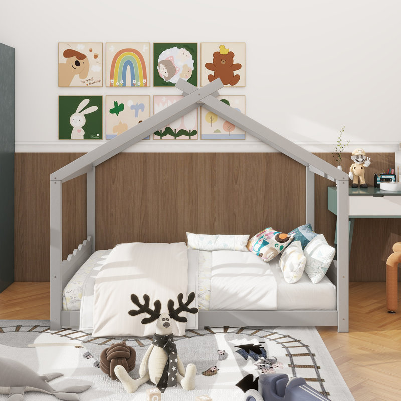 Lit double sur pied avec lattes de soutien, cadre de lit en bois massif pour enfants, sans sommier ni structure d'ouverture, gris