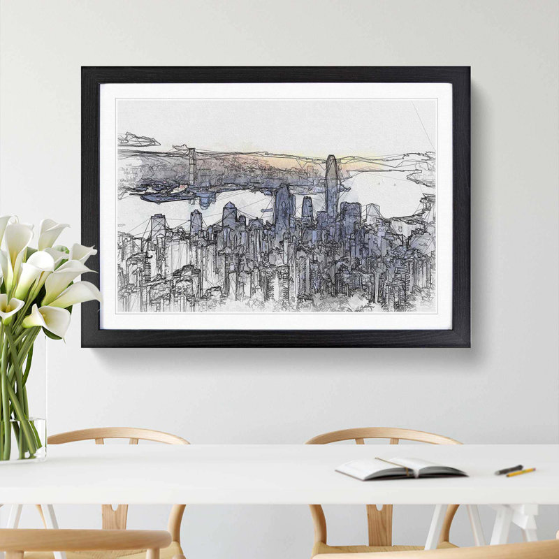 Hong Kong Skyline in China in Abstract - Picture Frame Graphic Art Print on MDF, Black Framed, 62cm H x 87cm W x 2cm D