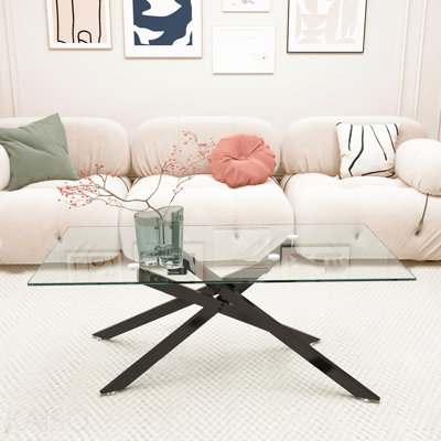 39.37 Inch Rectangular Clear Tempered Glass Coffee Table, Stylish Design With Black Metal Legs, Coffee Table For Living Room