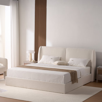 Upholstered Platform Bed Frame With Wingback Headboard, No Box Spring Needed, Cream Boucle