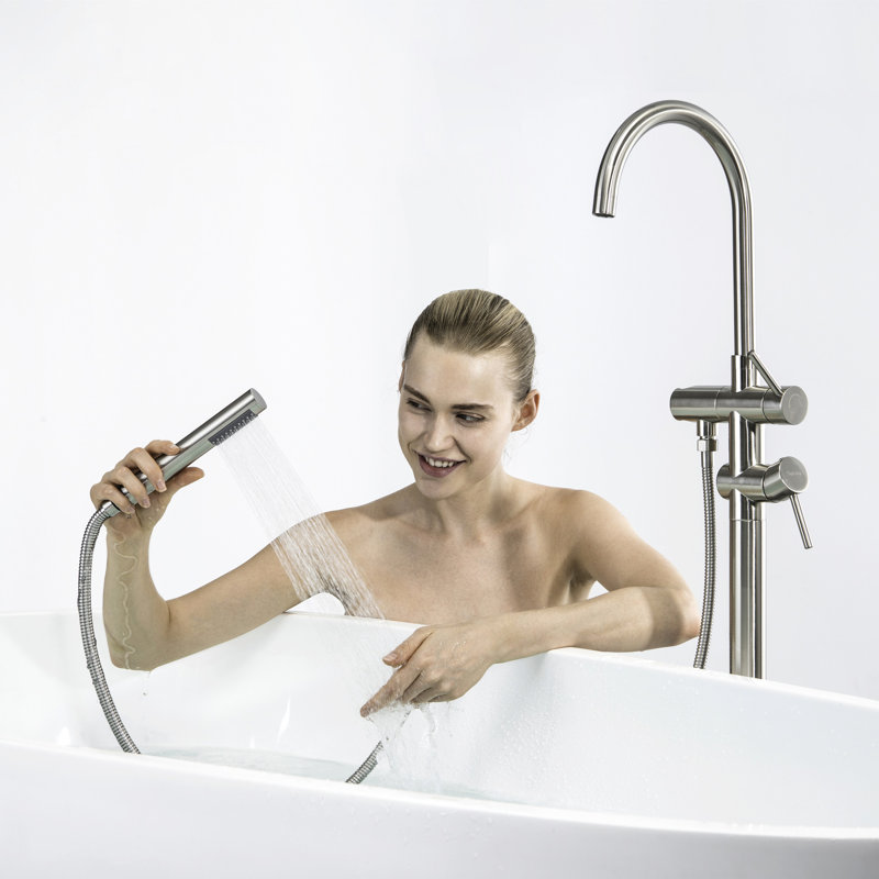 Robinet de baignoire entièrement en métal - Douchette à main, conception en nickel brossé, rouille et corrosion avec bec rotatif à 360 degrés, laiton massif, nickel